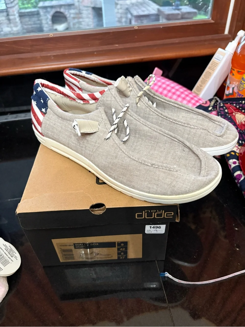 Hey Dude Khaki Slip-On Loafers with American Flag Heel